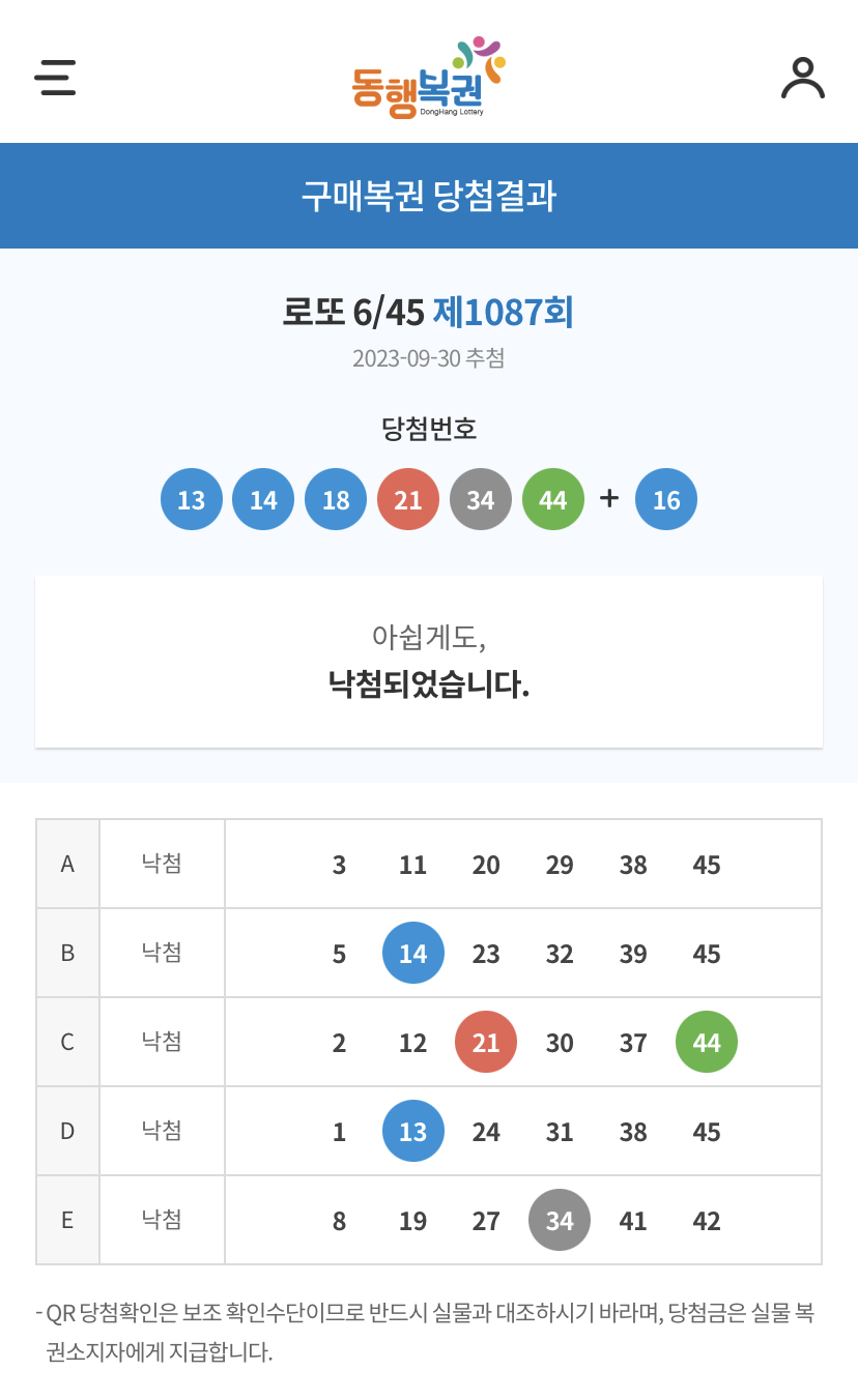 1087회차 로또 당첨번호