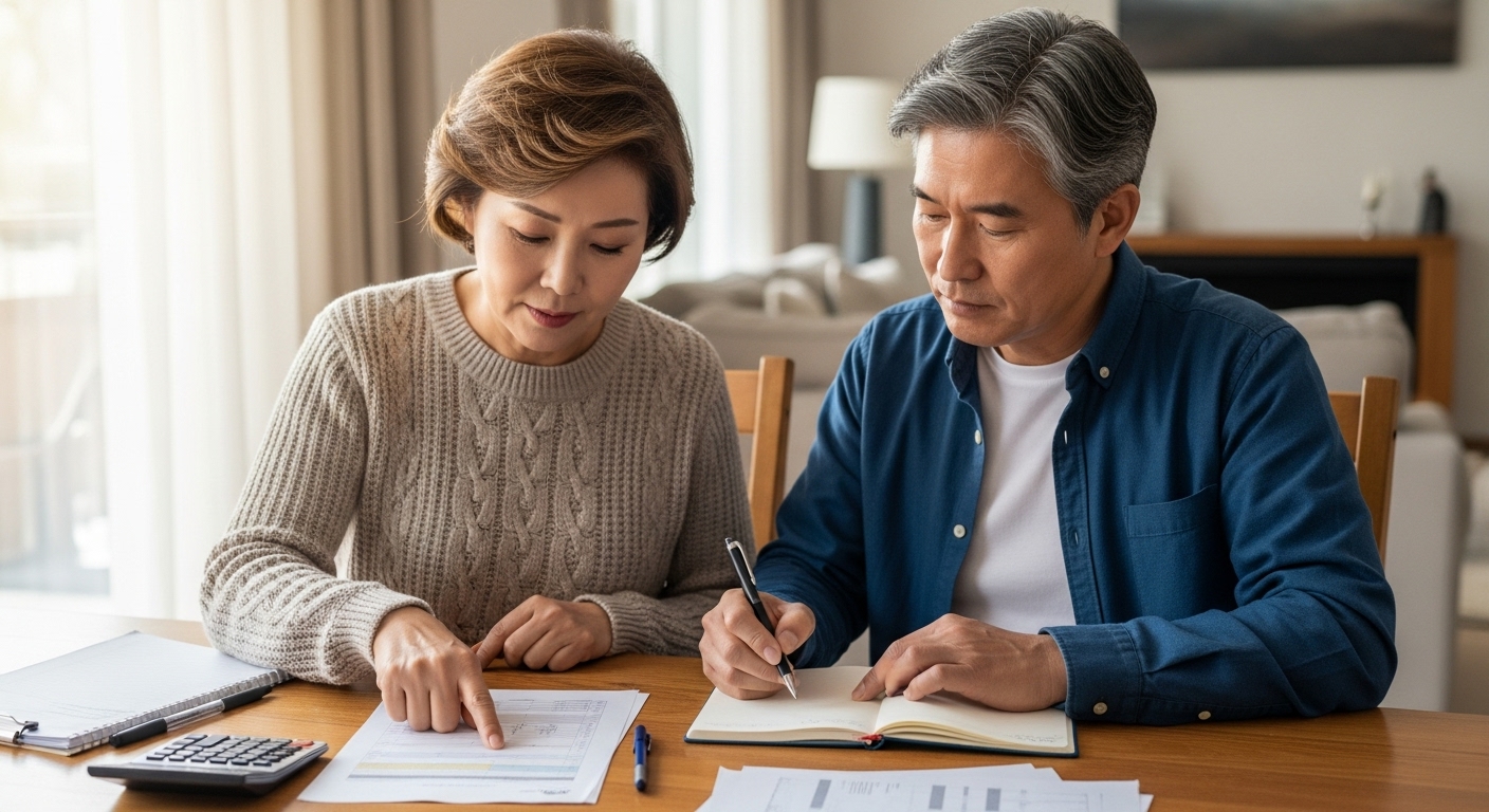함께 재정 계획을 세우는 50대 후반 부부