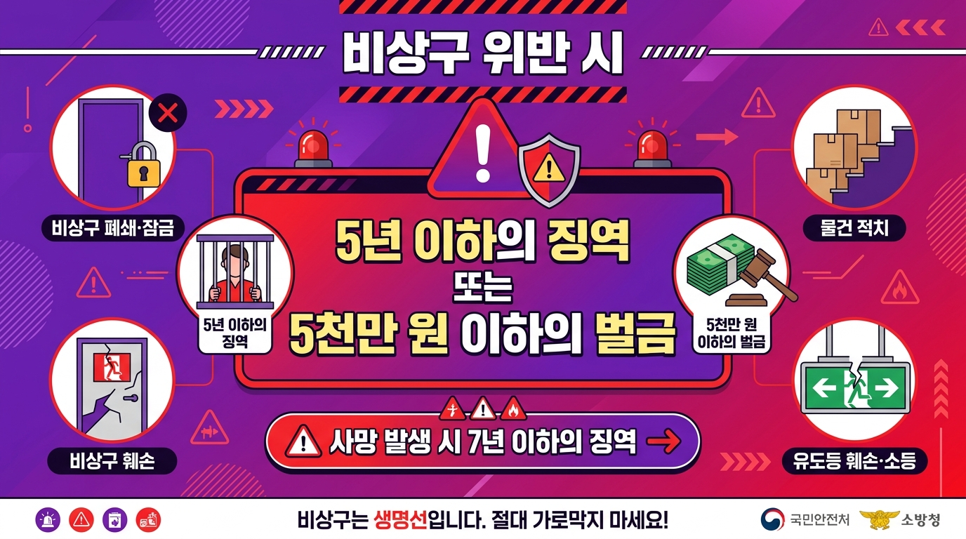 비상구 위반 시 처벌(5년 이하 징역 또는 5천만원 이하 벌금)을 보여주는 경고 인포그래픽