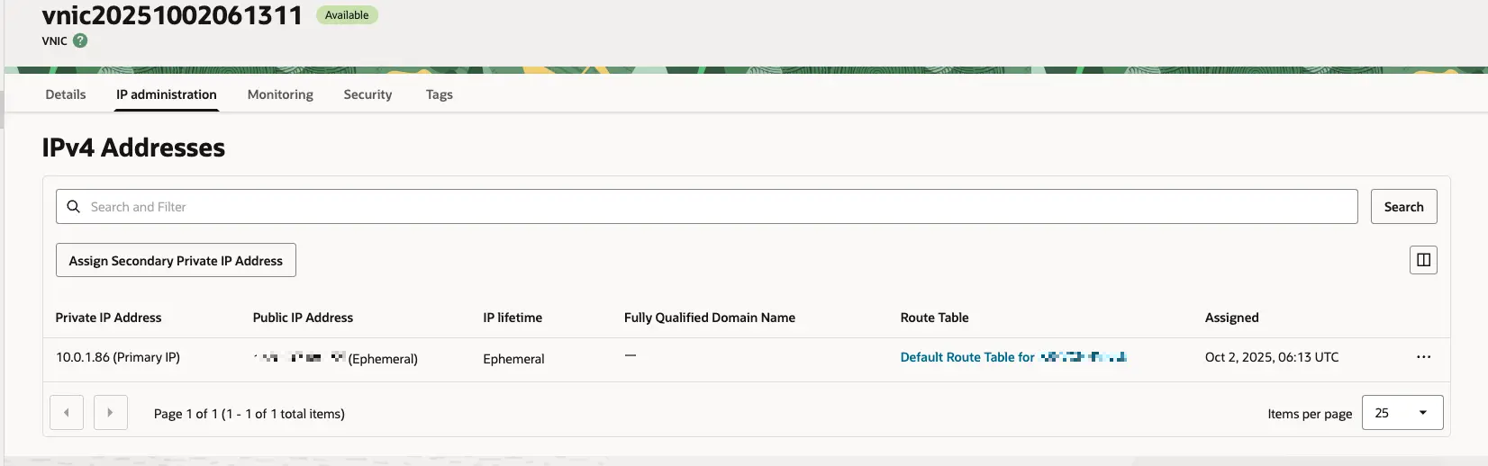 오라클 클라우드 - VNIC Details - IP administration