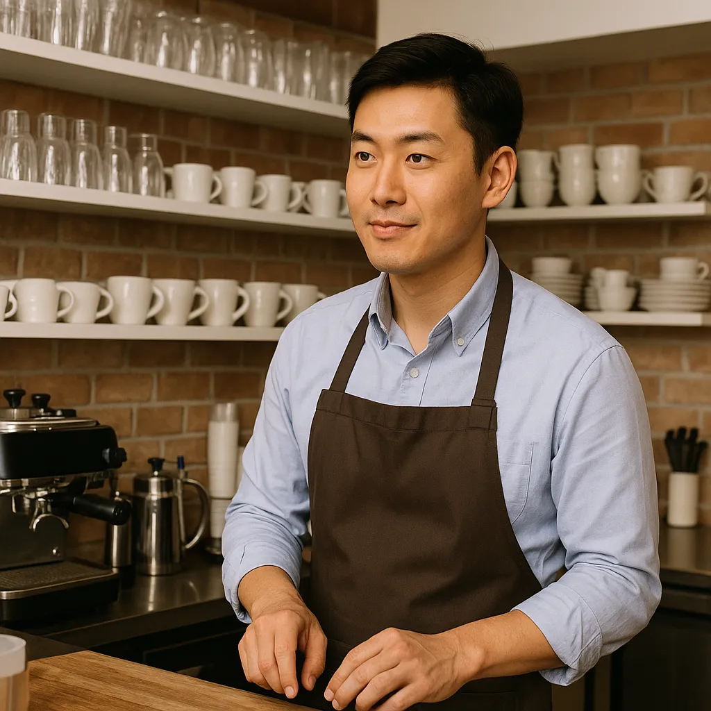 카페에서 앞치마를 입고 일하는 주말 알바 직장인 모습