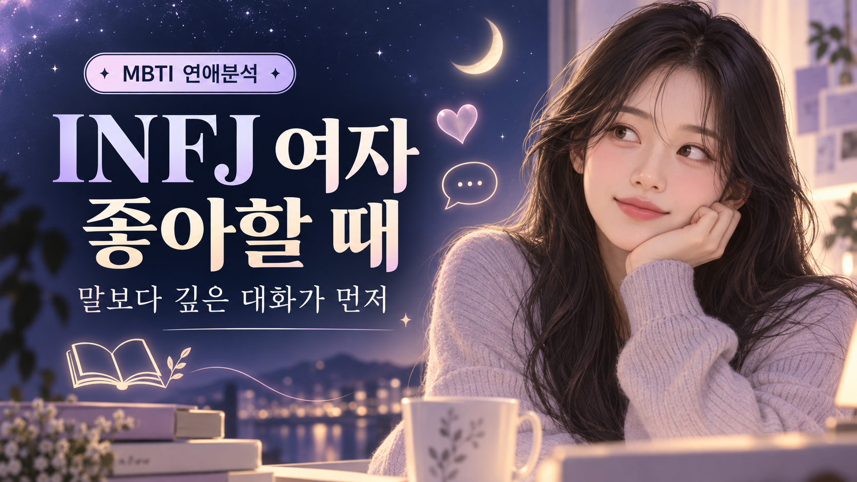 밤하늘 배경에서 턱을 괸 여성과 INFJ 여자 좋아할 때라는 제목