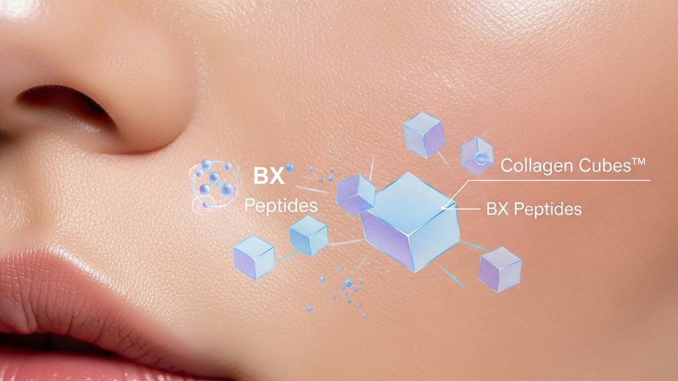 BX 펩타이드와 콜라겐 큐브™를 나타내는 미묘한 애니메이션 그래픽 오버레이가 있는 건강하고 빛나는 피부의 클로즈업 매크로 샷으로 피부의 콜라겐 네트워크를 강화합니다.