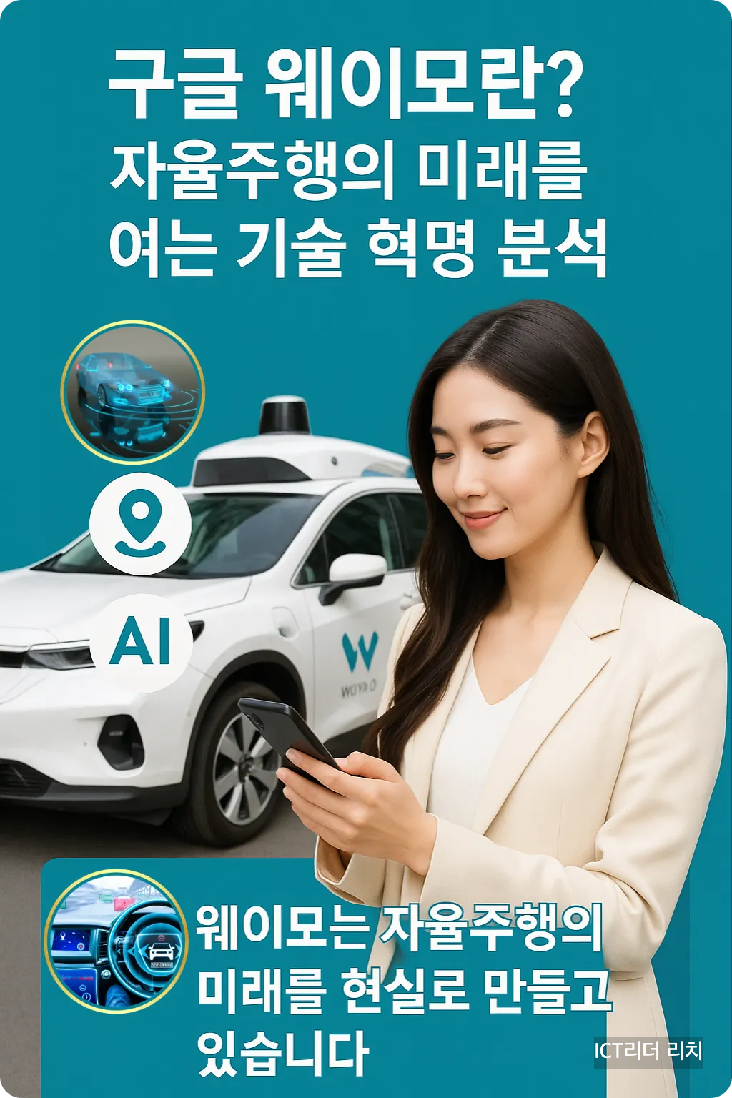 20대 여성 모델이 스마트폰으로 자율주행 웨이모 택시를 호출하는 모습을 중심으로 구성된 고화질 인포그래픽. 상단에는 &lsquo;구글 웨이모란?&rsquo;이라는 주제가, 중간에는 라이다&middot;AI 기술 아이콘이 포함되어 있다.