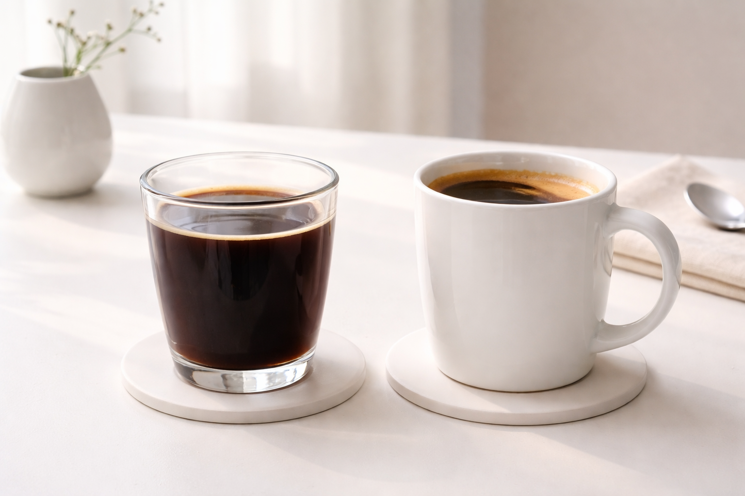 아메리카노와 롱블랙 두 잔을 비교해 보여주는 카페 테이블 이미지