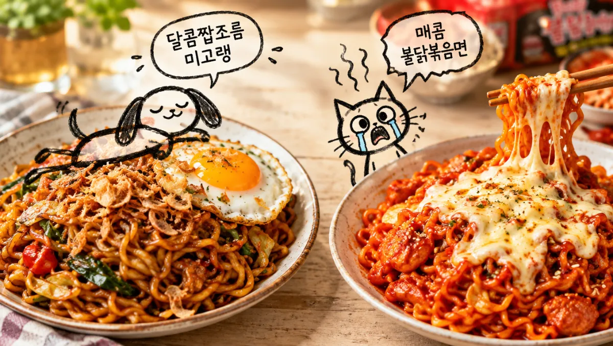 달콤짭조름한 인도네시아 미고랭 볶음면과 매콤한 한국 불닭볶음면의 비주얼 비교