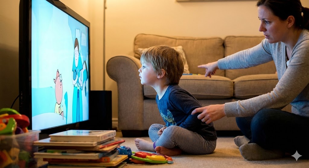 거실-TV-화면-바로-앞에-앉아-화면을-뚫어지게-쳐다보고-있는-어린아이의-뒷모습과-이를-뒤에서-걱정스럽게-지켜보는-부모님의-실루엣