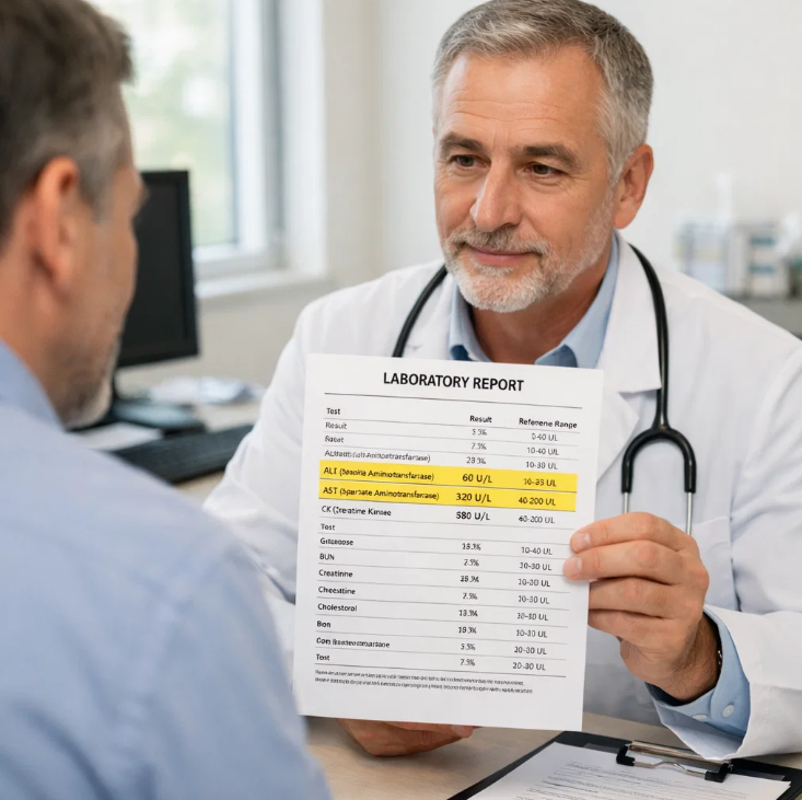 의사가 환자에게 혈액검사 결과지(AST ALT 수치)를 설명하는 진료 상담 장면