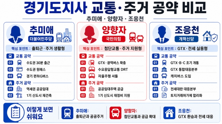 2026 경기도지사 후보 공약 비교 추미애 양향자 조응천 핵심정리