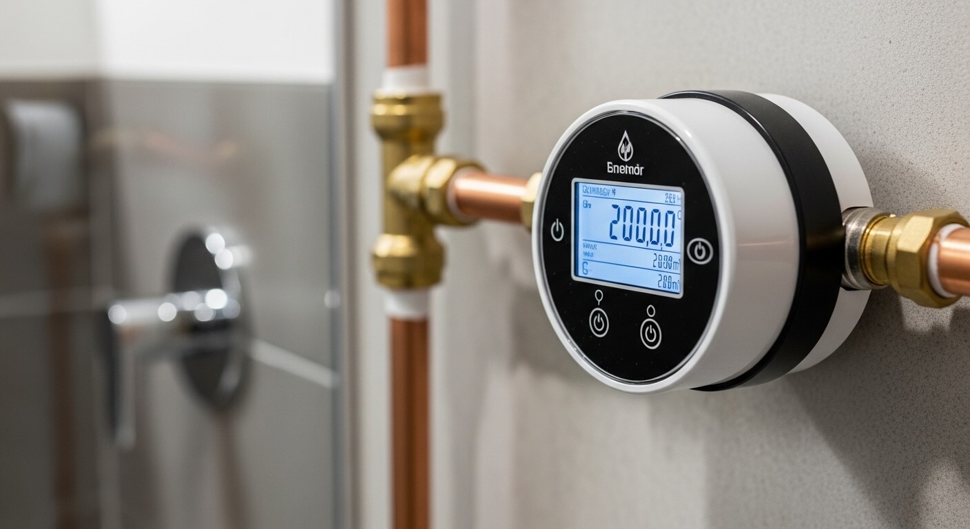 실내 벽면에 설치된 원형 디지털 수도 계량기의 수치 표시 모습