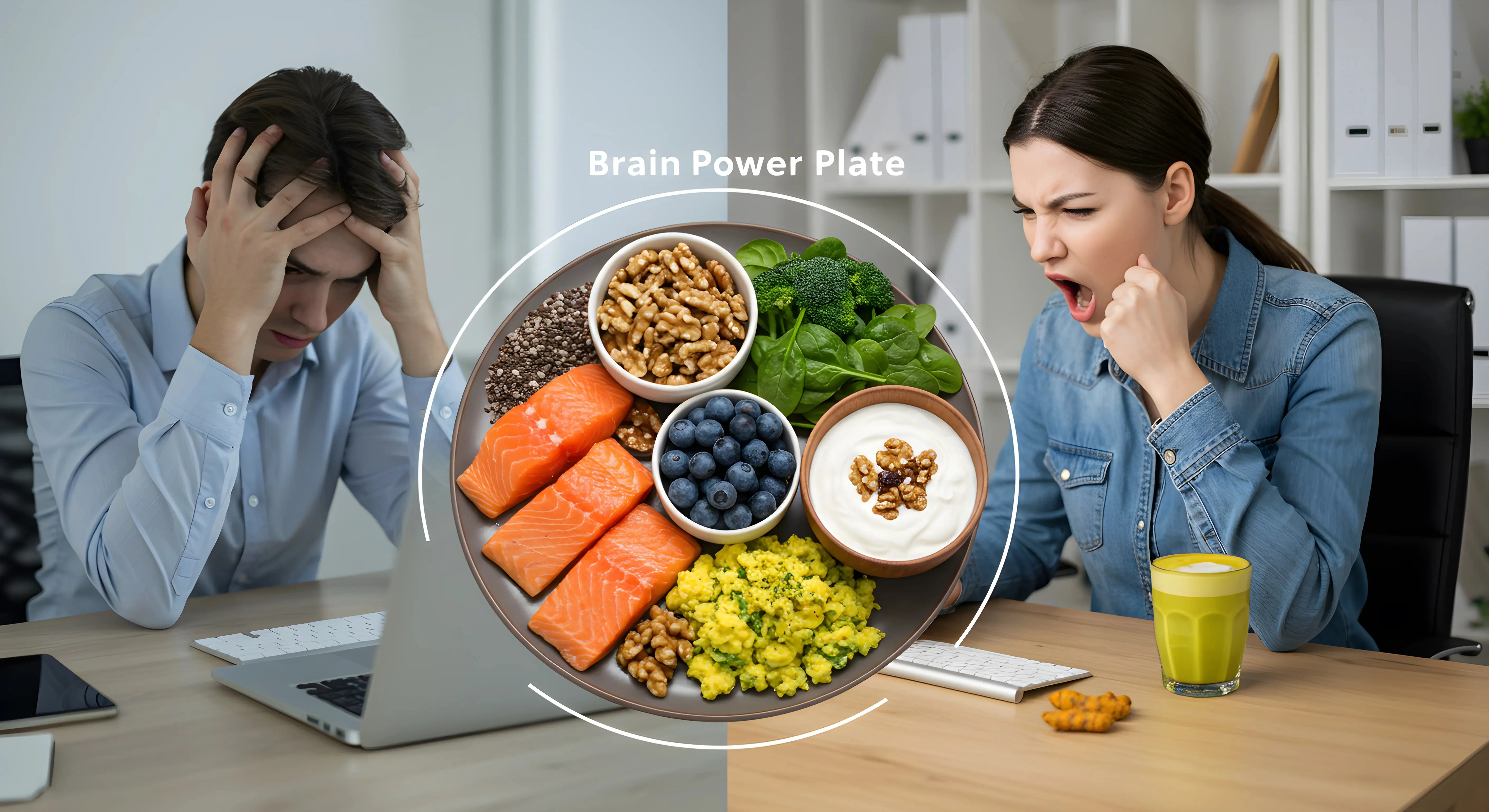 피로에 지친 직장인과 활기찬 직장인의 대비 장면 사이에 있는 '브레인 파워 플레이트' - 연어, 블루베리, 견과류, 시금치, 스크램블 에그 등 뇌 건강에 좋은 식품이 담긴 접시. 건강한 식습관이 뇌 피로와 집중력에 미치는 영향을 시각적으로 표현한 이미지.