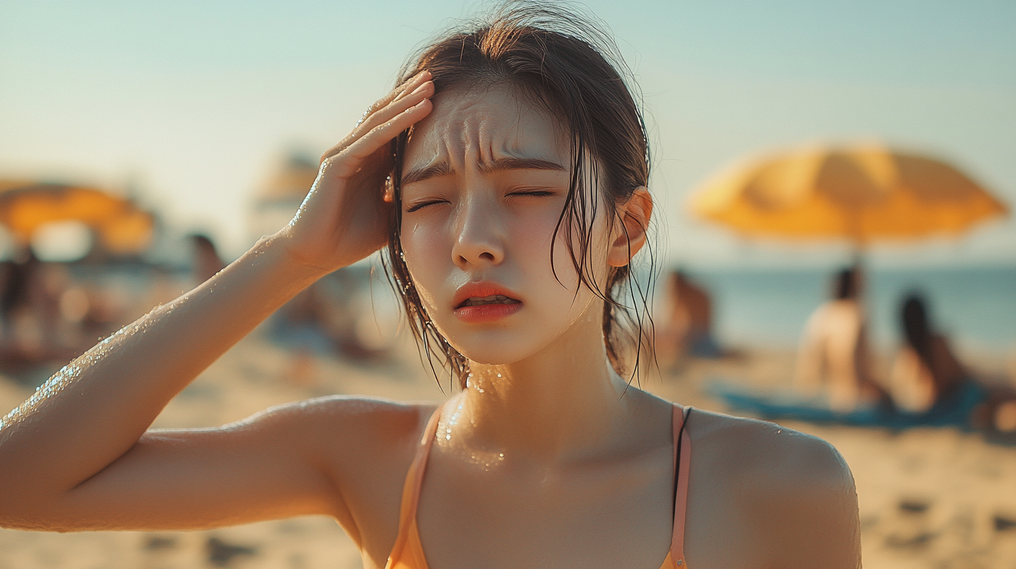 무더운날에 해수욕장에서 땀을 많이 흘려 수분이 부족해 두통을 호소하고 있는 여성