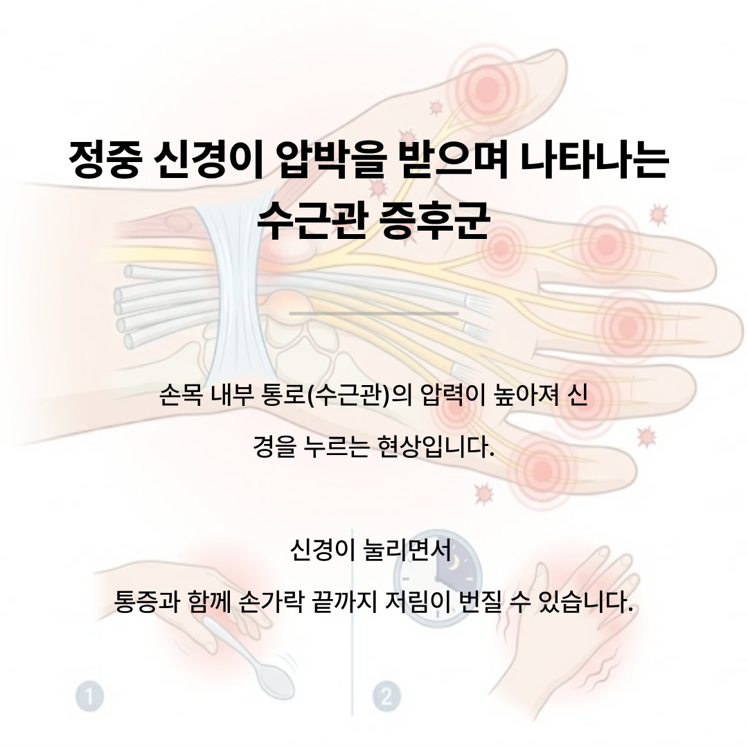 손바닥 내부의 정중 신경과 수근관 구조를 보여주는 의학 일러스트. 신경이 압박받는 지점을 붉게 강조하며 '정중 신경이 압박을 받으며 나타나는 수근관 증후군. 신경이 눌리면서 통증과 함께 손가락 끝까지 저림이 번질 수 있습니다'라고 설명함.