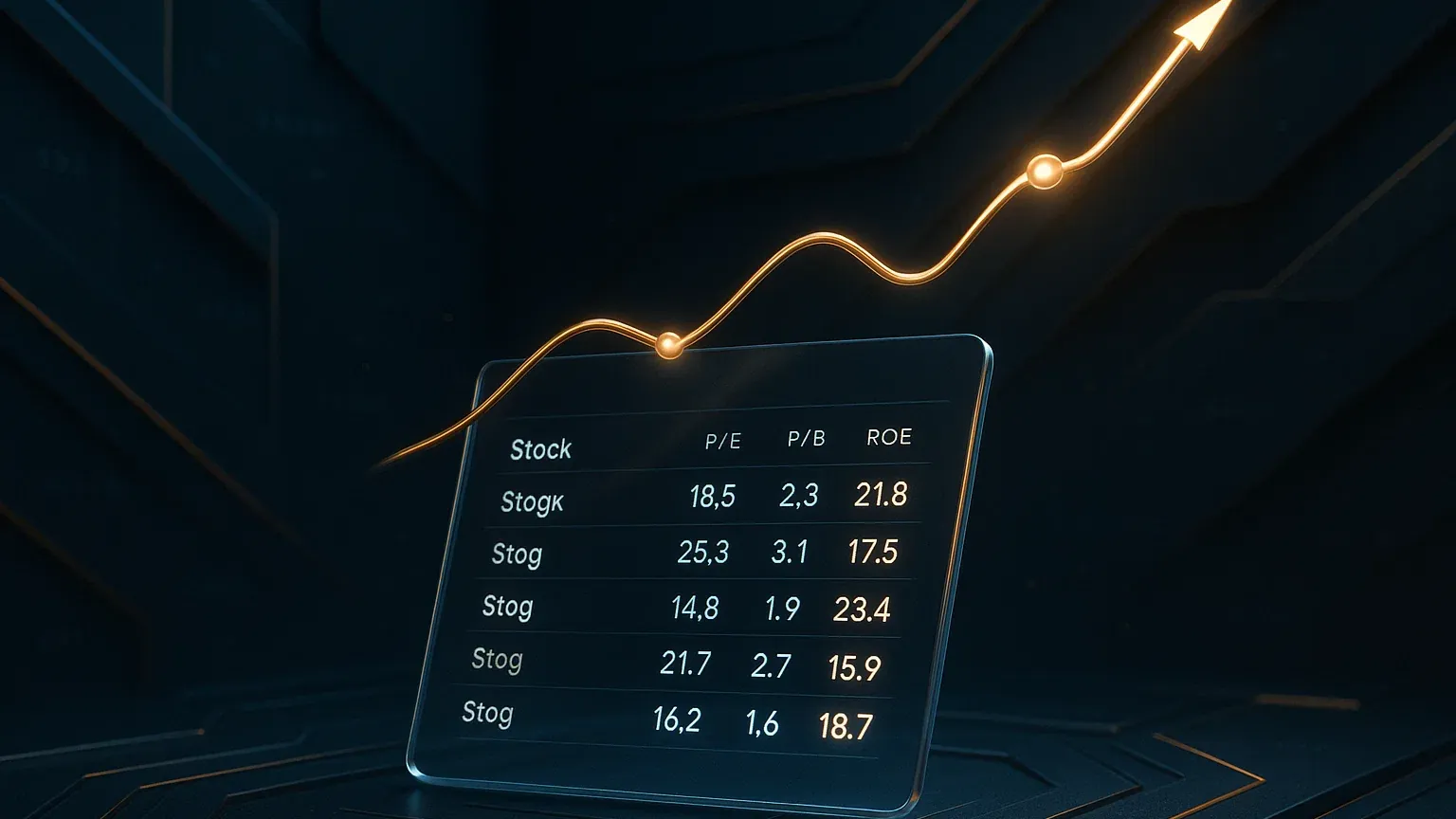 PER, PBR, ROE 수치가 표시된 주식 스크리너 화면과 상승하는 주가 차트가 함께 보이는 투자 분석 이미지