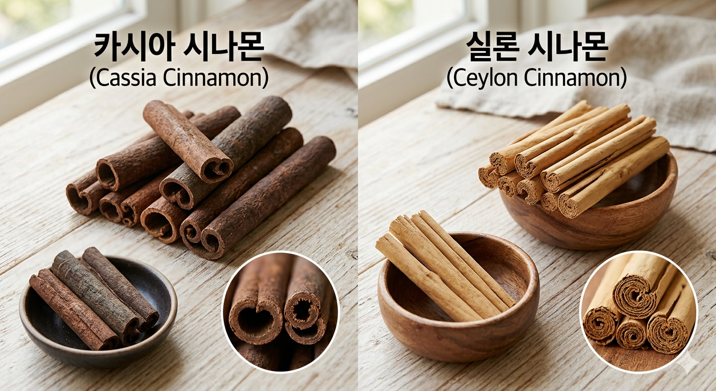 껍질이 두껍고 진한 카시아 시나몬과 얇은 종이처럼 말린 연한 실론 시나몬을 비교한 사진.