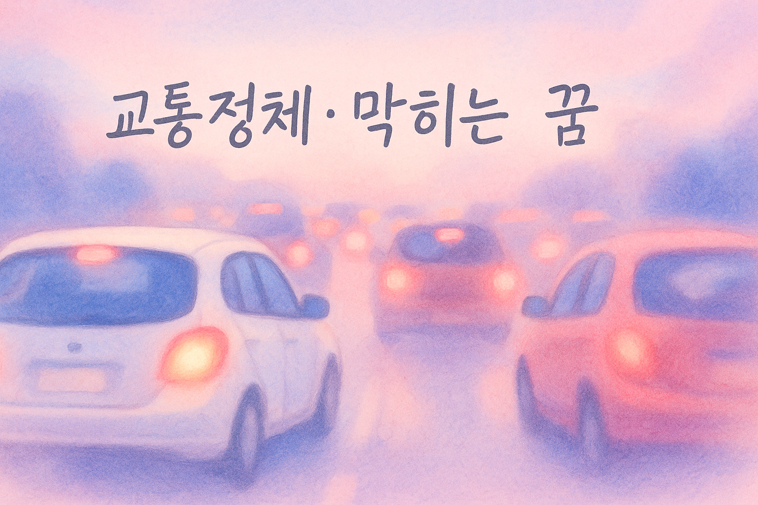 도로 위 차량들이 멈춰 선 채 기다리는 꿈속 장면을 몽환적인 파스텔톤으로 표현한 일러스트