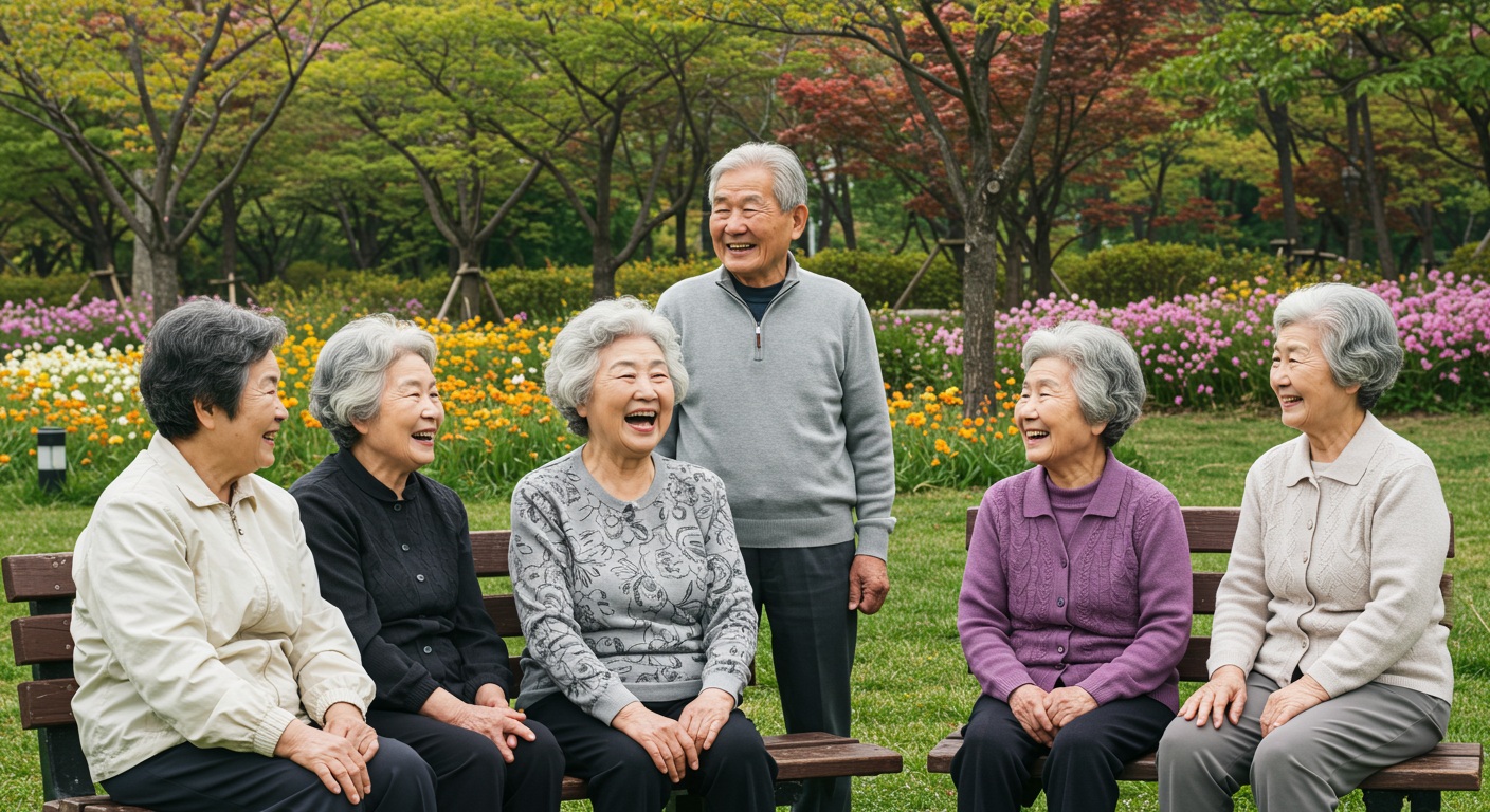 공원에서 함께 웃으며 대화하는 활기찬 노인 그룹