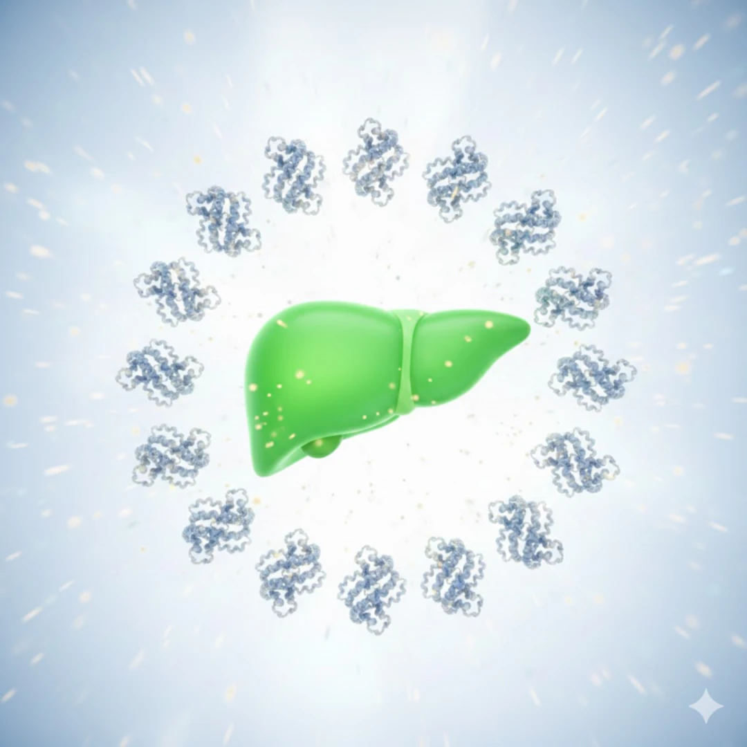 활력 넘치는 초록색의 간 형상이 중앙에 있고&amp;#44; 그 주변을 알부민 분자 심볼이 보호막처럼 감싸고 있는 인포그래픽 스타일의 이미지입니다. 안정적이고 긍정적인 느낌을 줍니다. 