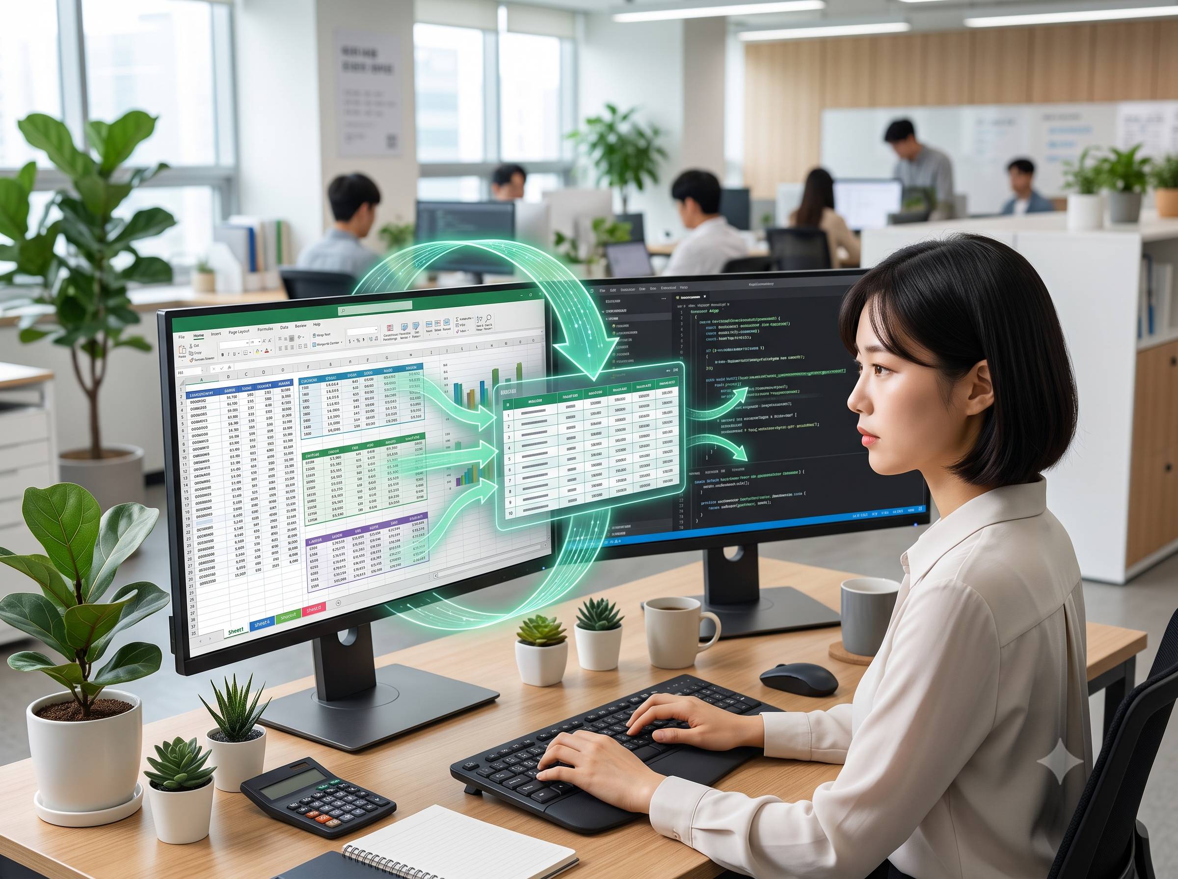 엑셀 옆에 VBA 코드 편집기가 열려 있고 자동으로 여러 시트가 통합되는 장면