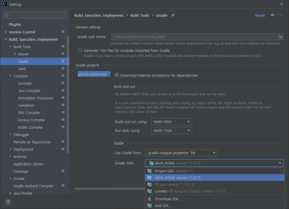 Build Tools Setting의 Gradle 메뉴