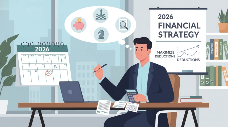 책상에 앉아 세금 서류와 달력을 검토하며 절세 전략을 고민하는 임대사업자