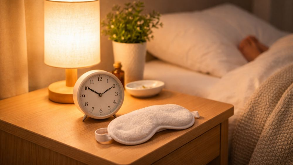 침대 옆 나무 탁자 위에 무드등, 탁상시계, 수면 안대가 놓인 따뜻한 조명의 야간 침실 장면