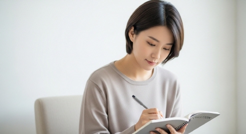 질문 노트에 메모하는 모습