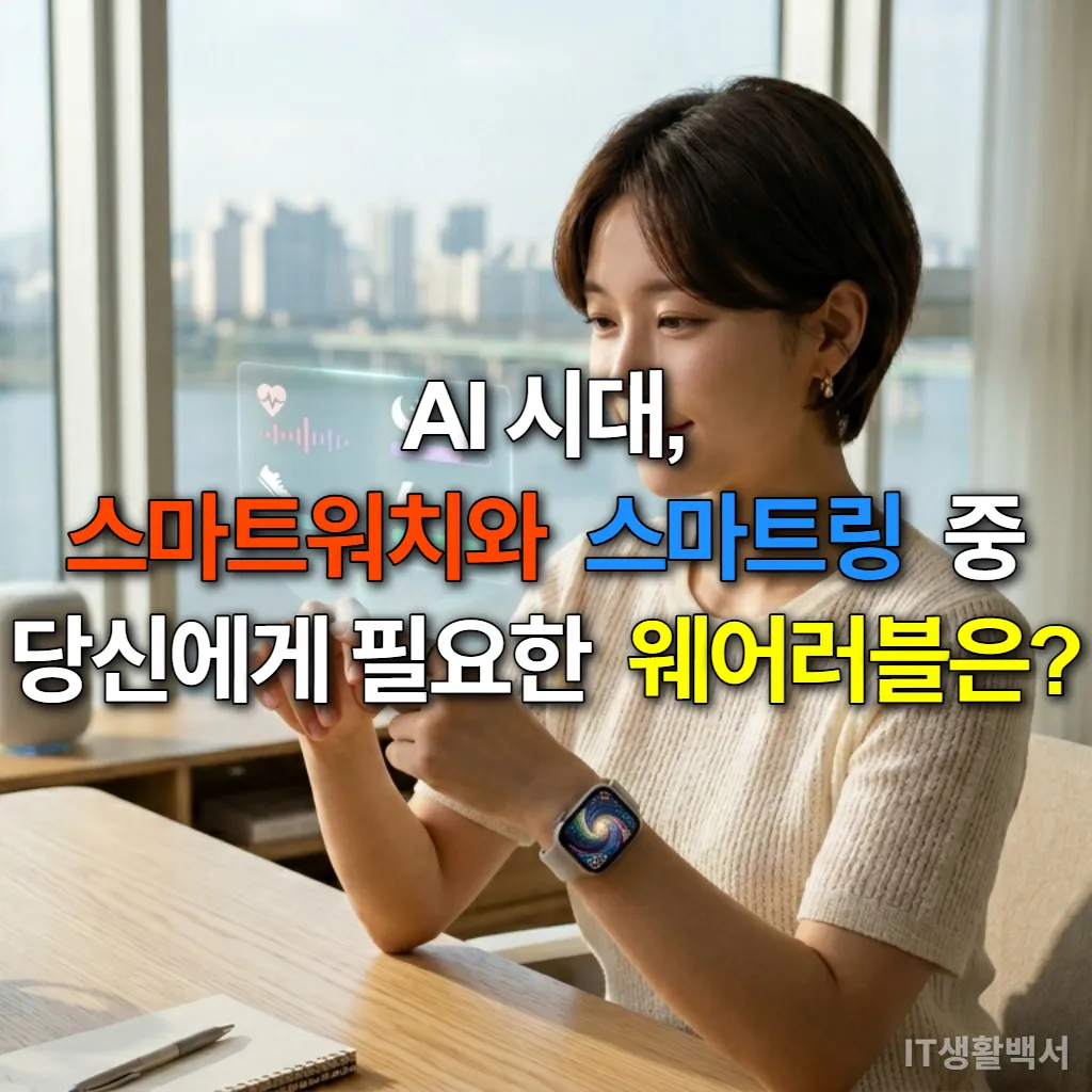 AI 시대, 스마트워치와 스마트링을 착용한 한국 여성이 건강 데이터를 확인하는 모습