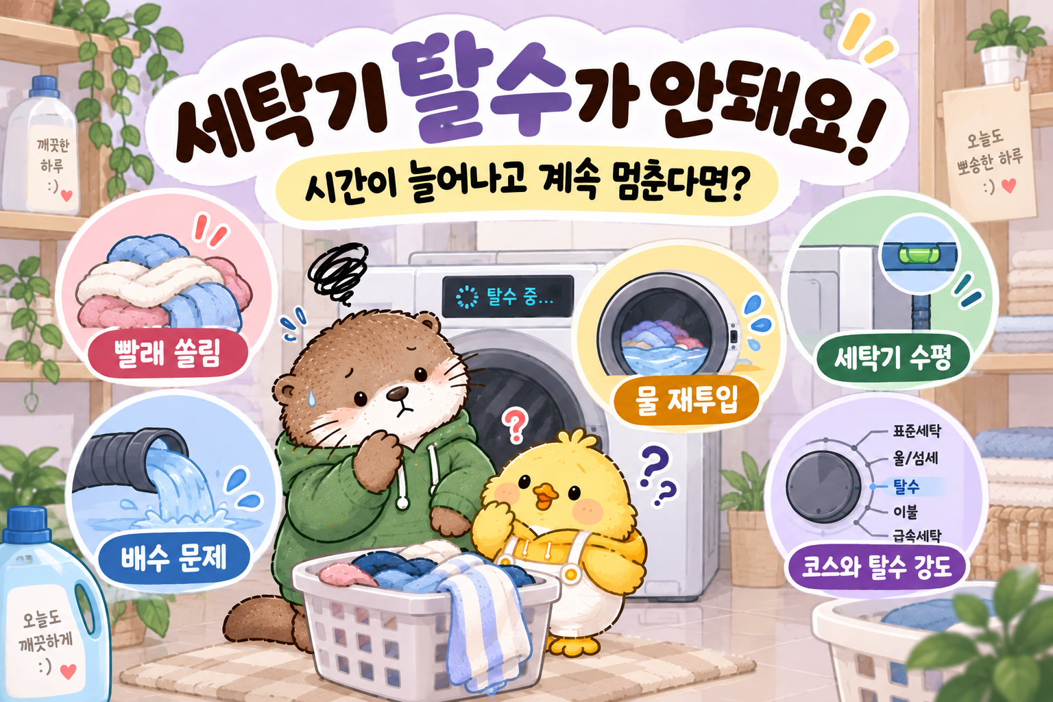세탁기 탈수가 안 될 때 빨래 쏠림 배수 상태 세탁기 수평 탈수 강도를 확인하는 이미지