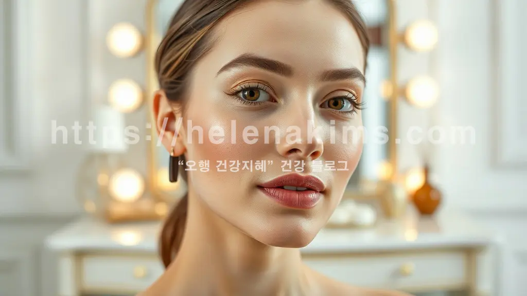 맑고 깨끗하게 빛나는 여성의 얼굴, 부는 촉촉하고 윤기가 흐르며, 겨울철에도 건강하게 관리된 꿀피부의 섬세한 질감이 강조된 이미지.
