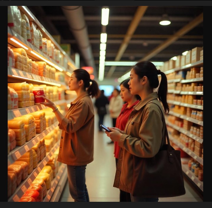 마트에서 유통기한 확인하고 있는 주부들