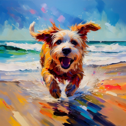해변에서 뛰어노는 강아지 인상주의 그림2