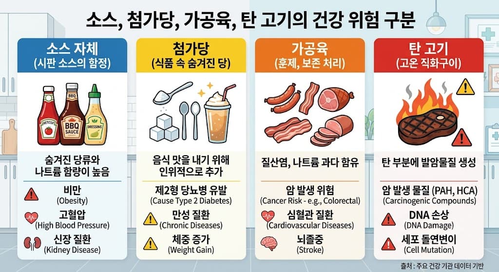 소스 자체와 첨가당 가공육 탄 고기의 건강 위험을 구분한 이미지