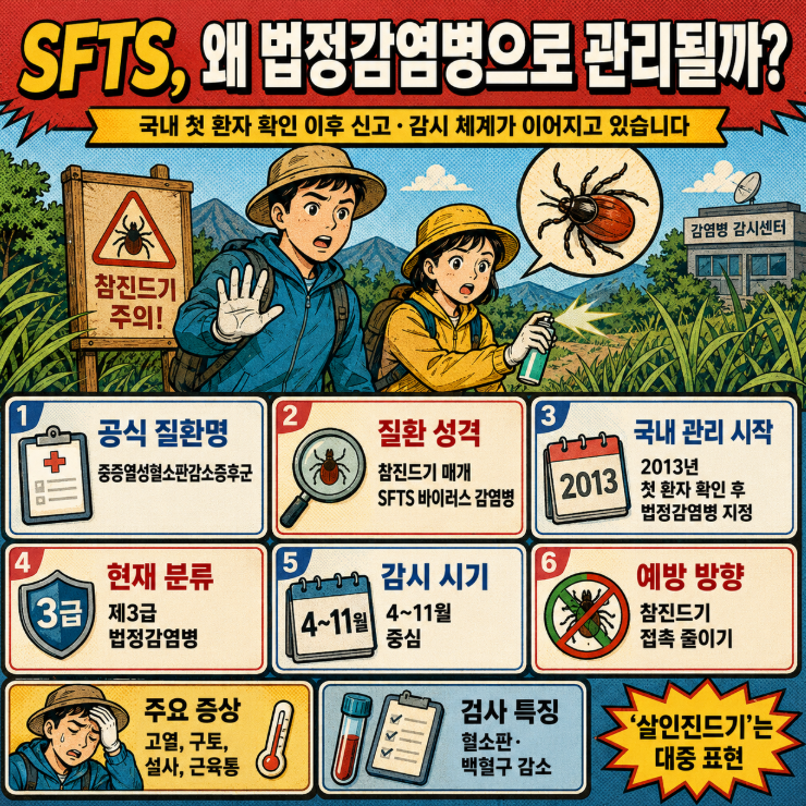 SFTS가 국내 첫 환자 확인 이후 법정감염병으로 지정되고 제3급 감시체계에서 관리되는 과정을 정리한 옛날 만화 형식 인포그래픽