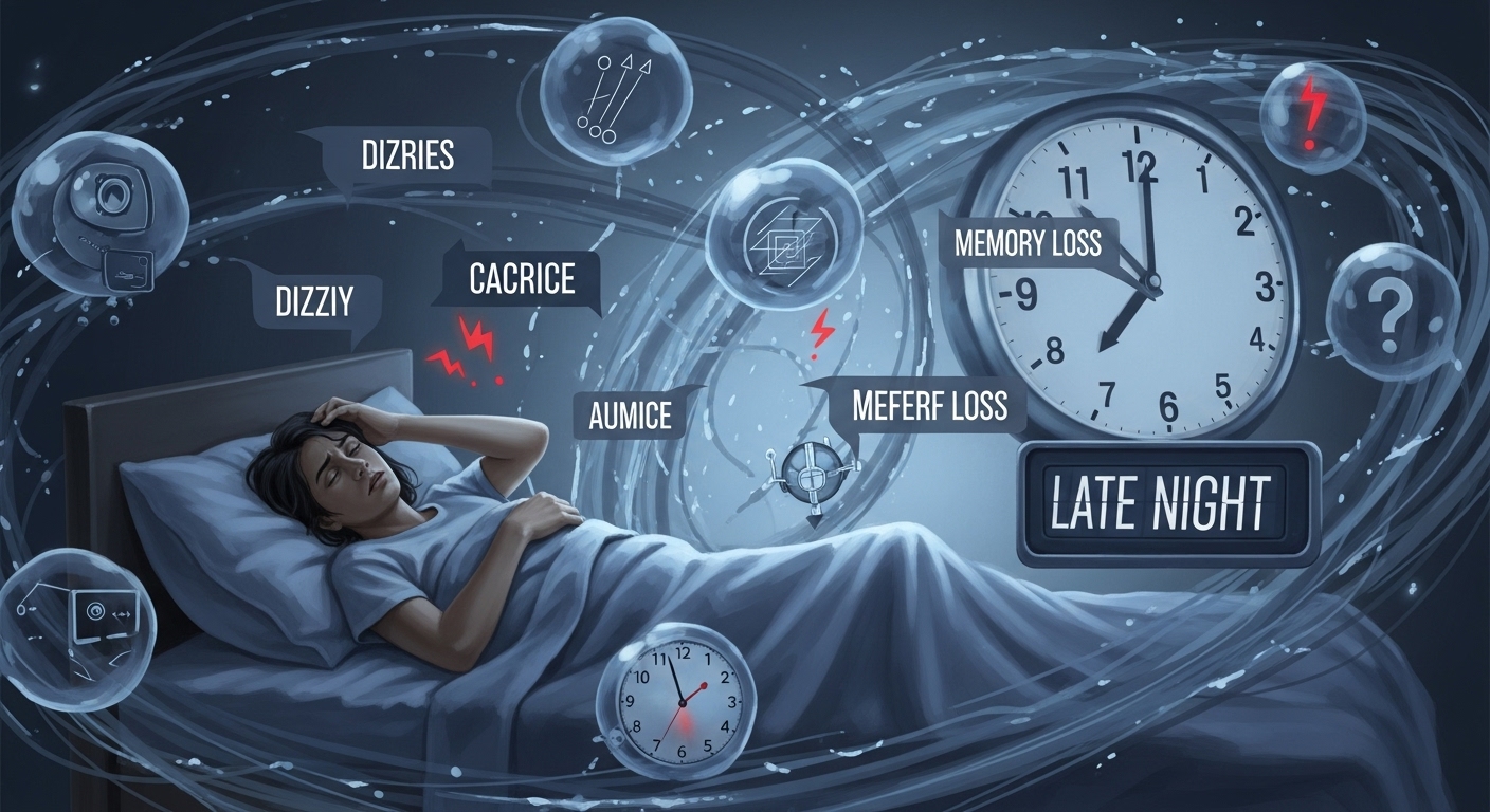 밤늦게 잠 못 이루고 불안해하는 사람의 모습과 어지럼증, 기억력 저하 등 수면유도제 부작용을 암시하는 추상적인 이미지