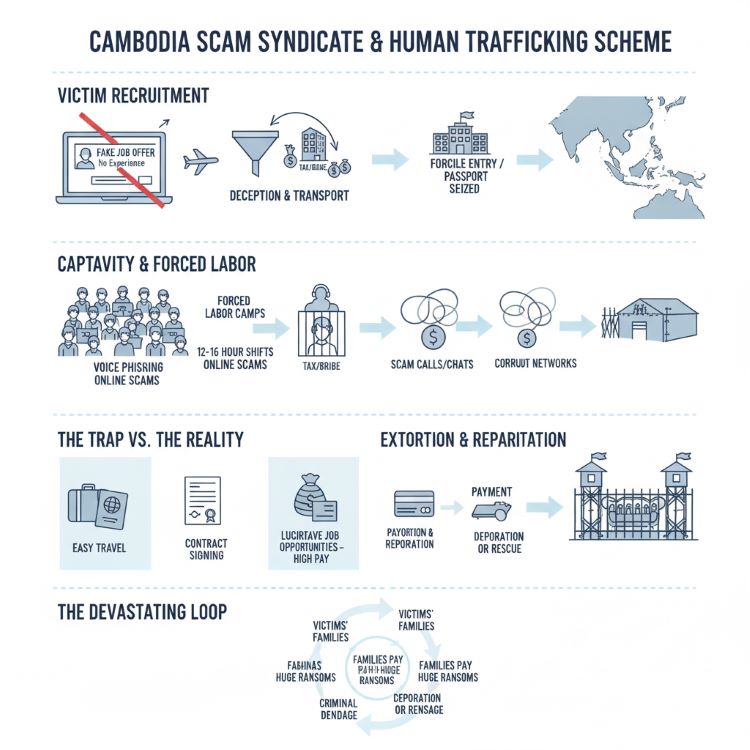 캄보디아 보이스피싱 조직과 납치 사건의 구조를 시각화한 인포그래픽 &mdash; 피해자 모집&middot;감금&middot;강제 노동&middot;송환 절차를 보여주는 다층적 그래픽