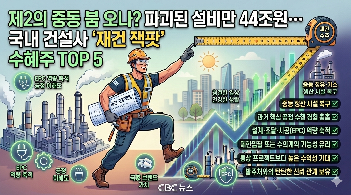 연구팀의 44조 규모 재건 분석이라는 공신력을 바탕으로, 따뜻한 중동 사막 배경 위에 대형 플랜트 건설 현장 이미지를 배치했습니다. 상단에는 **"[특급호재] 건설주, '44조'로 간다!"**라는 큼직한 문구와 함께 **"과거 지어본 놈이 다시 짓는다!"**라는 핵심 논리를 시각적으로 표현했습니다. 특히 우측 하단에는 주가 상승 그래프를 넣어 관련 기업들의 폭발적인 성장을 예고하는 느낌을 강조했습니다.