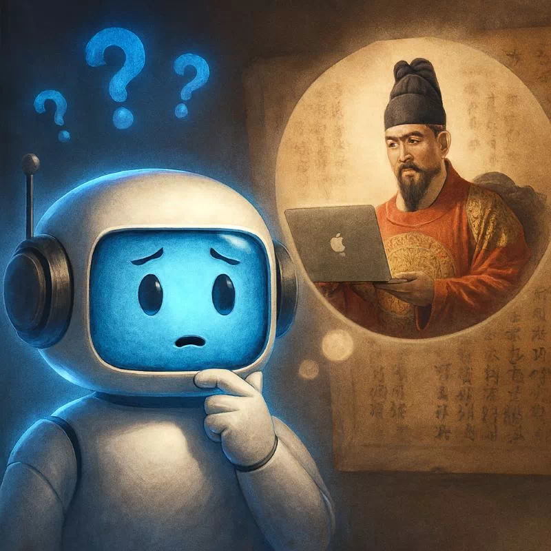 AI 환각 뜻을 상징하는, 조선 시대 임금과 맥북이 동시에 나타난 모순적인 이미지