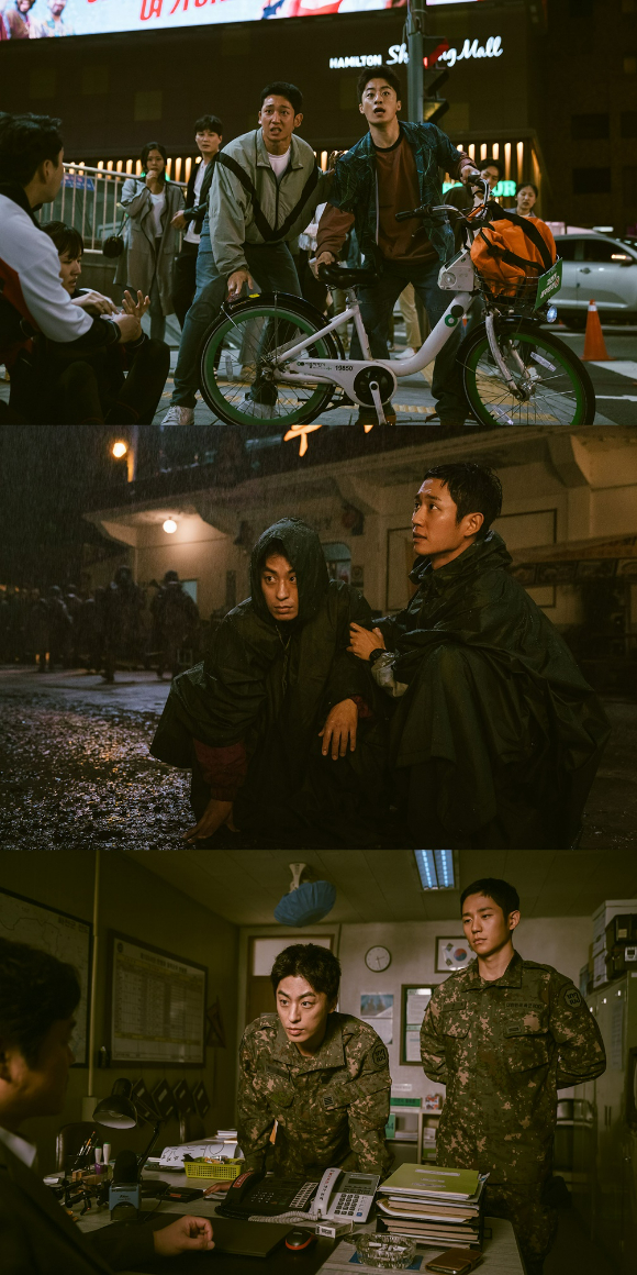 지난 2일 공개된 넷플릭스 드라마 &#39;D.P.&#39; 시즌2의 스틸컷. 출연 배우 정해인(안준호 역)과 구교환(한호열 역)이 연기를 펼치고 있다. [사진=넷플릭스]