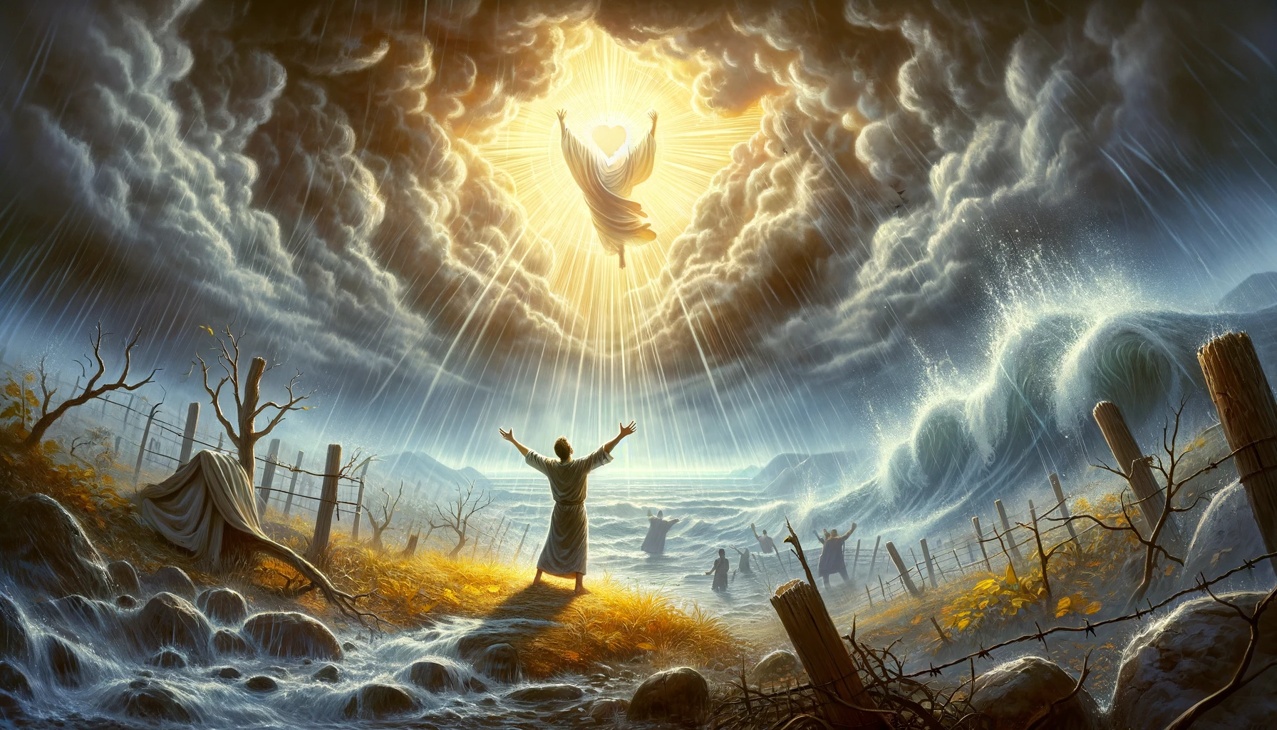 고난이 올 때 오히려 주님의 사랑을 보며 찬양할 것 - Here is the bright and uplifting image depicting the act of praising the Lord and recognizing His love during times of adversity. It conveys a sense of joy, peace, and resilience in the face of challenges.