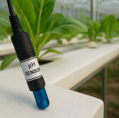 수경재배 온실에서 교체용 pH 센서가 놓여 있고 뒤로 녹색 작물이 자라는 모습