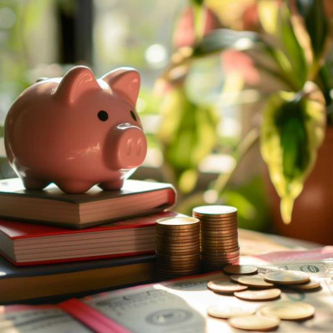 책 세권이 쌓여 있고 그 위에 돼지 저금통이 놓여 있다.