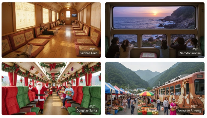 서해금빛열차의 온돌 마루실, 동해산타열차의 동해안 풍경, 백두대간협곡열차의 개방형 창문 등 5개 테마열차의 특징적인 모습을 보여주는 이미지 모음.