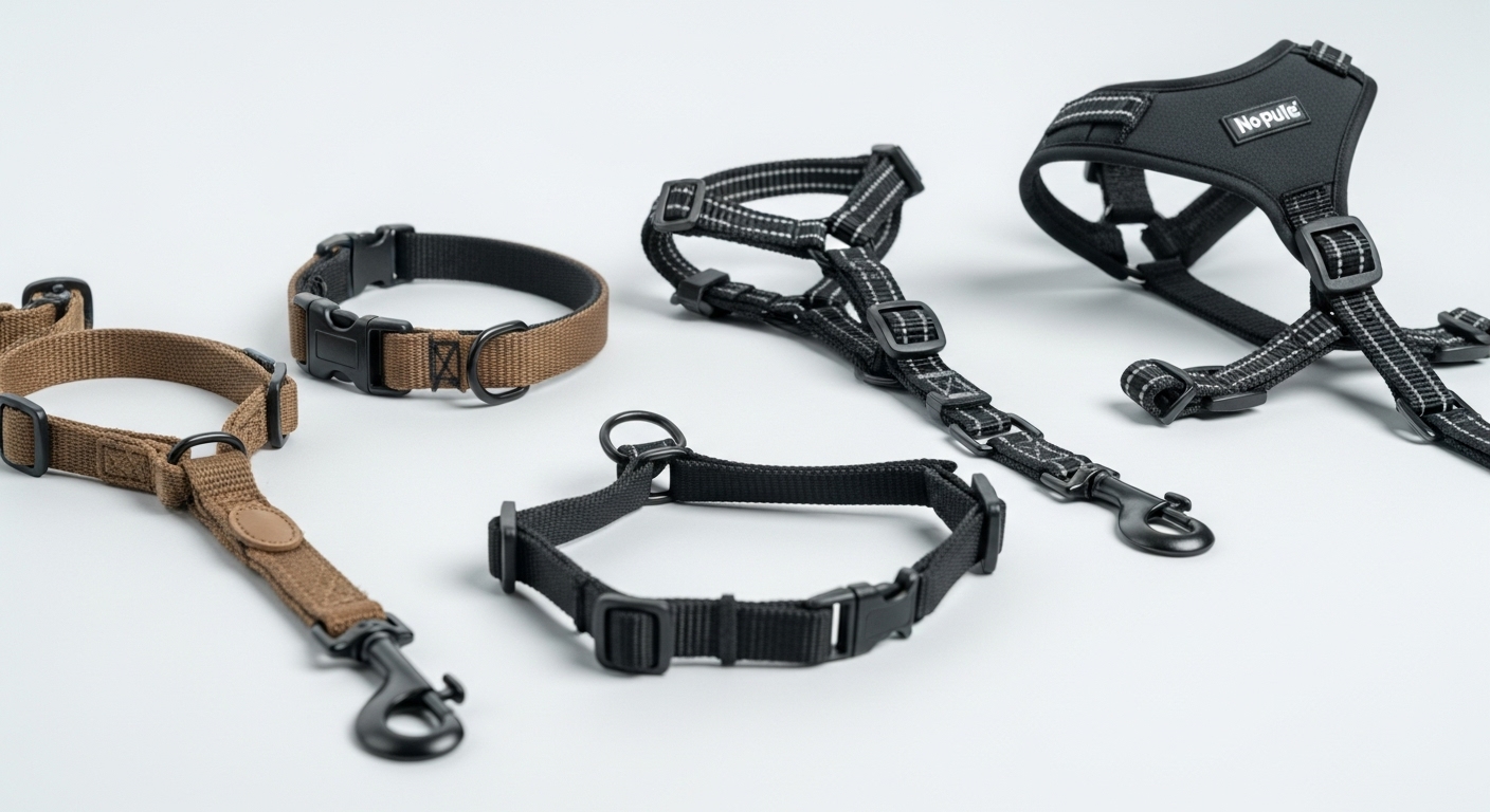 다양한 종류의 강아지 목줄과 하네스가 나란히 놓여있는 모습