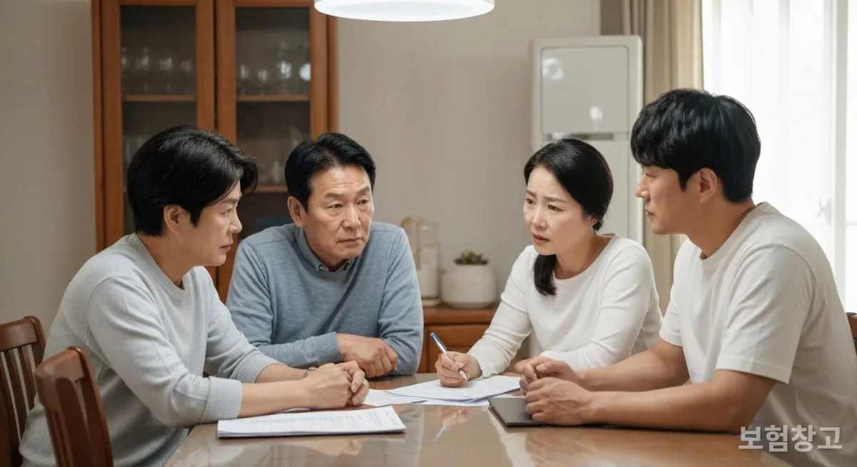 식탁에 둘러앉아 진지하게 노후와 재정 계획을 논의하는 한국인 가족
