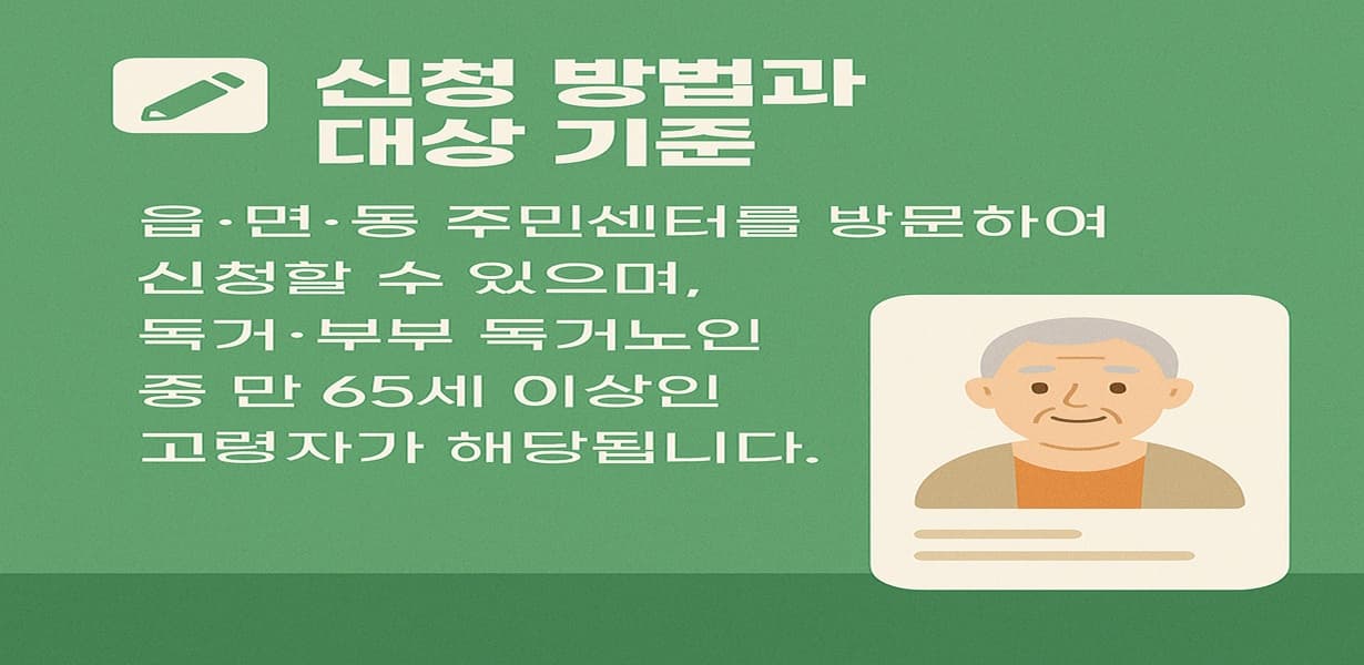 “1인 가구 어르신 안전 확인 서비스의 신청 방법과 대상 기준을 안내하는 인포그래픽 이미지”