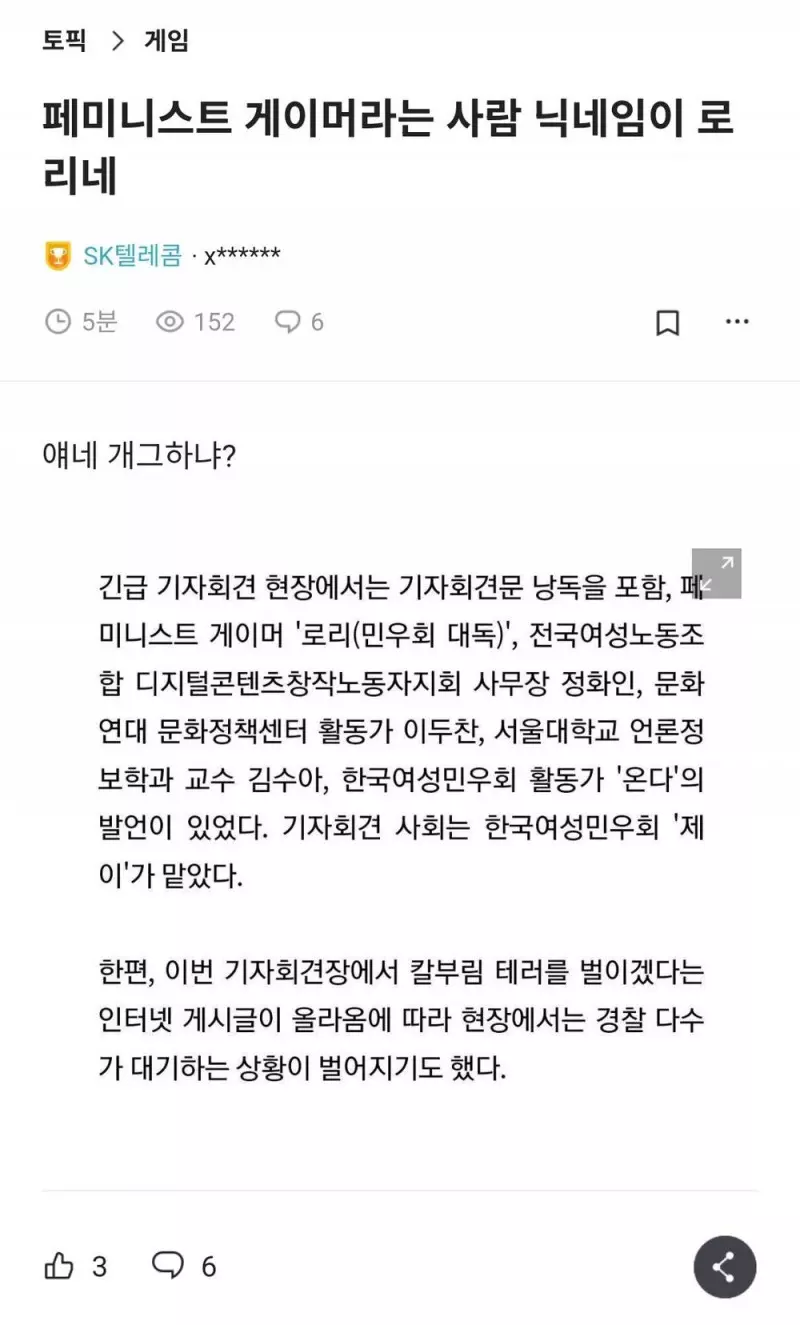 넥슨에 항의하는 페미니스트 게이머 원본 글