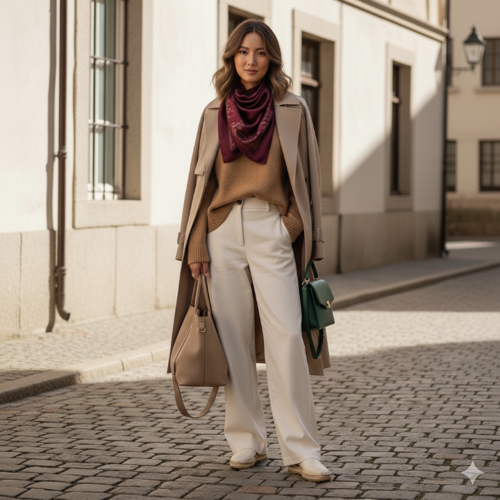 포인트 컬러 활용 코디의 예시, 버건디 스카프나 딥 그린 백으로 포인트 준 코디