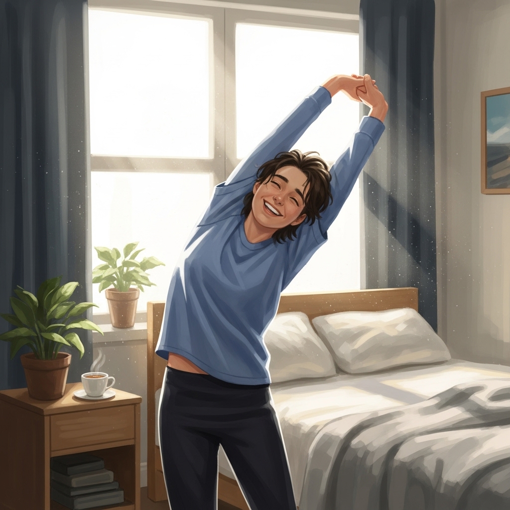 만성 피로를 극복하고 활기찬 아침을 맞이하며 기지개를 켜는 사람의 모습. 개운하고 상쾌한 표정으로 새해를 시작하는 듯하다.