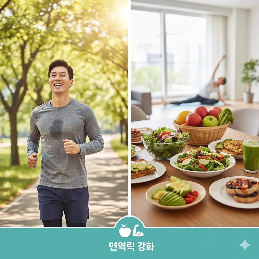활기찬 모습의 사람이 야외에서 조깅을 하거나 요가를 하는 장면, 또는 신선한 채소와 과일이 풍성하게 놓인 식탁 이미지를 함께 배치합니다. 밝고 생동감 있는 색상을 사용하여 건강한 삶의 에너지를 표현하고, 사람의 표정에서는 건강에서 오는 만족감과 활력이 느껴지도록 합니다.